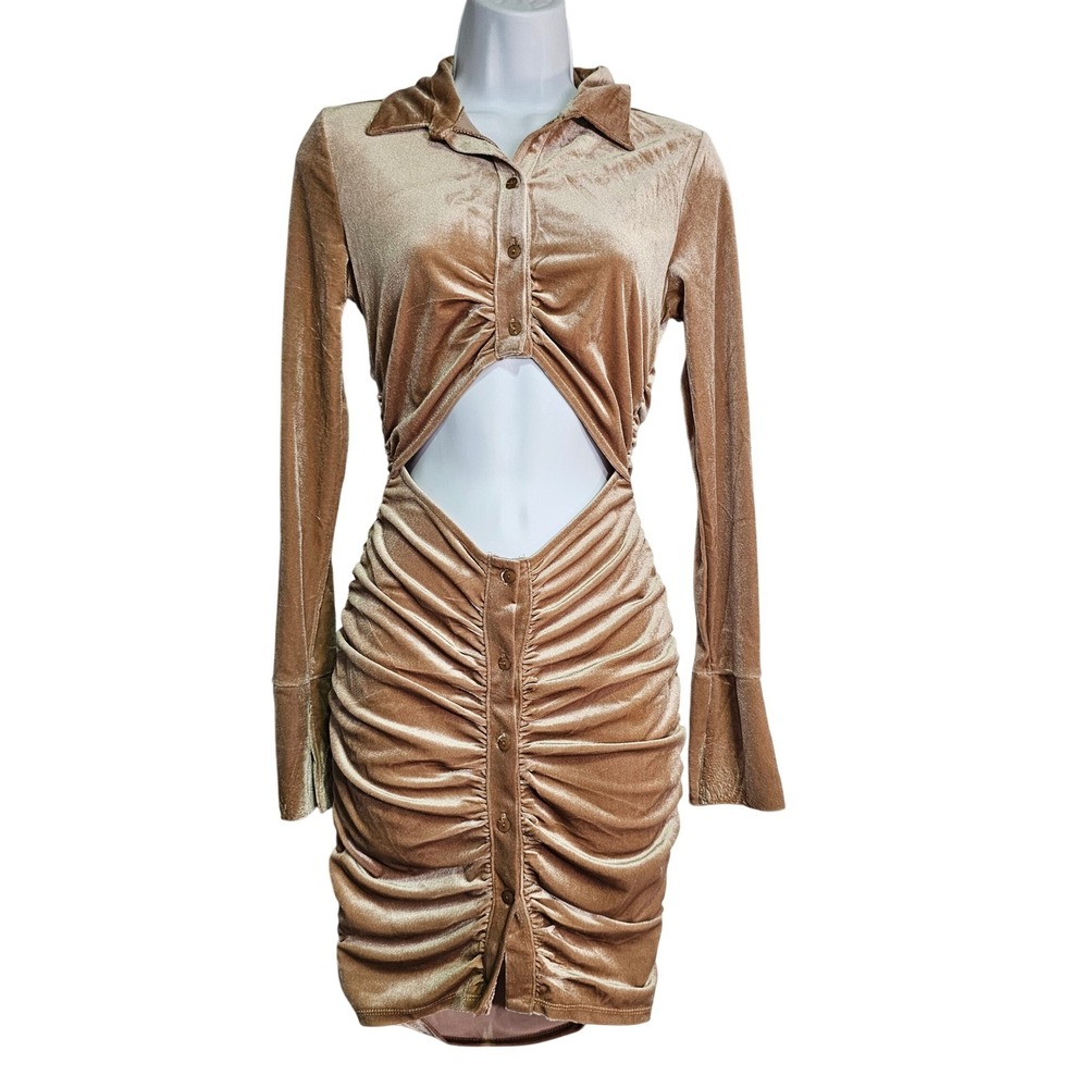 Lacausa Velvet Ruched Cutout Waist Mini Dress Long Sleeve Bodycon Tan Small NEW